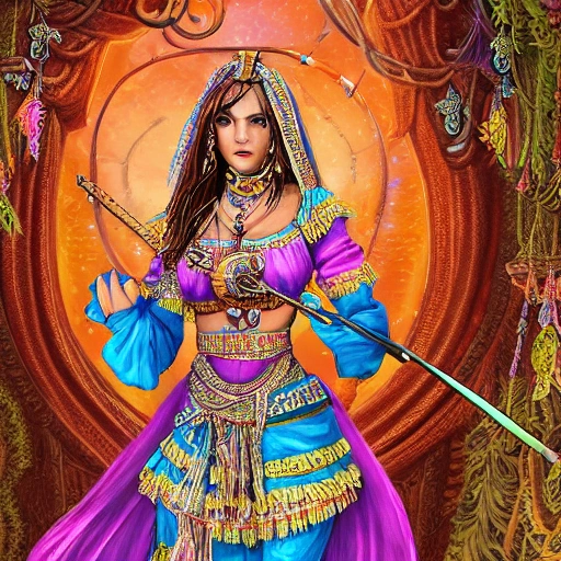 dream psychédélique about complet warrior hindou divinity girl with lot of fabric, in a fantasy world very detailed, art world psychédélique war in color; deep color, 8k ultra, , Cartoon