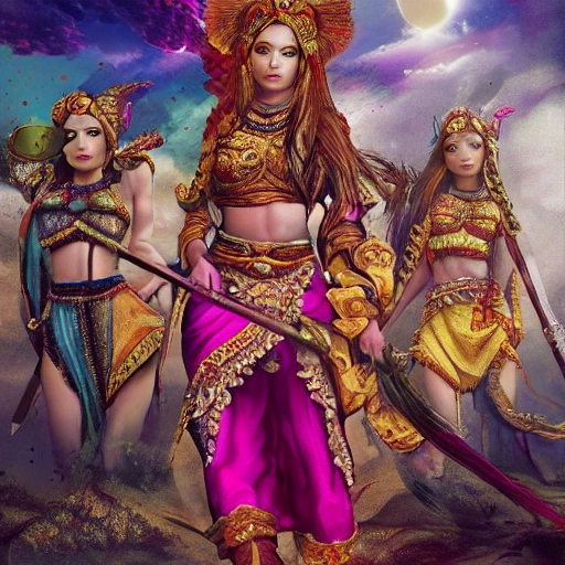 dream psychédélique about complet warrior hindou divinity girl with lot of fabric, making war in a fantasy world very detailed, art world psychédélique, war in color; deep color, 8k ultra,