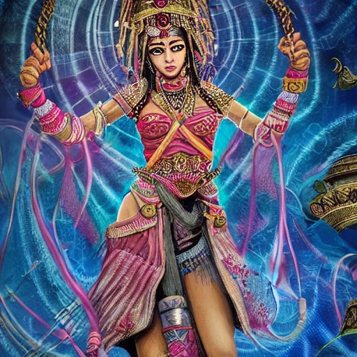 dream psychédélique about complet warrior hindou divinity girl with lot of fabric, making war in a fantasy world very detailed, art world psychédélique, war in color; deep color, 8k ultra,, Trippy