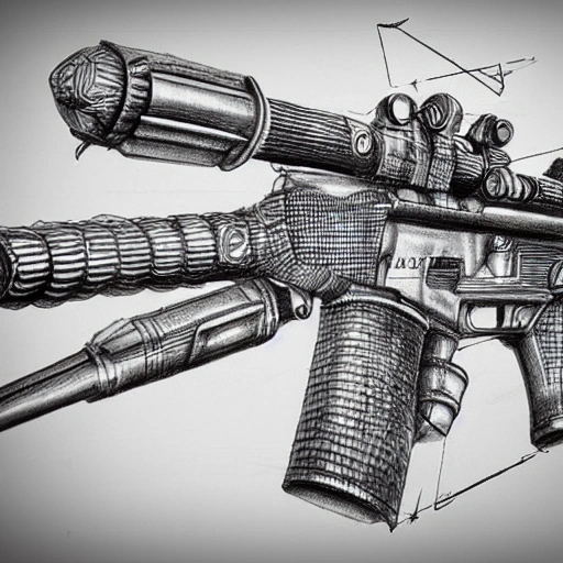 Ultimate weapon, high quality, detailed, 3D, Pencil Sketch