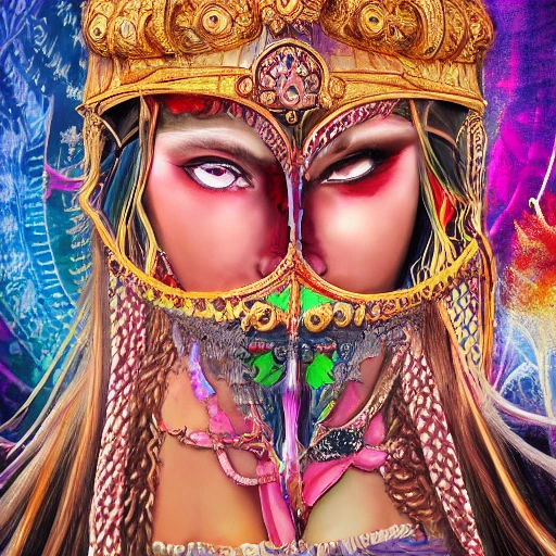 dream psychédélique about complet warrior hindou divinity girl beautifull face detailed with lot of fabric, making war in a fantasy world very detailed, art world psychédélique, war in color; deep color, 8k ultra,, Trippy