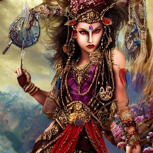 dream psychédélique about complet warrior hindou divinity girl beautifull face detailed with lot of fabric, making war in a fantasy world very detailed, art world psychédélique, war in color; deep color, 8k ultra,, 3D