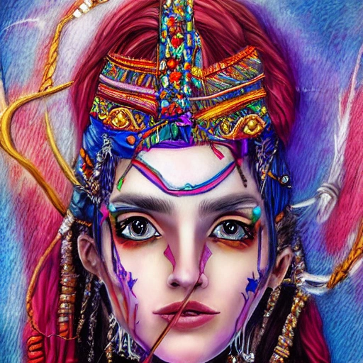 dream psychédélique about complet warrior hindou divinity girl beautifull face detailed with lot of fabric, making war in a fantasy world very detailed, art world psychédélique, war in color; deep color, 8k ultra,, 3D, Trippy, Water Color, Cartoon, Pencil Sketch