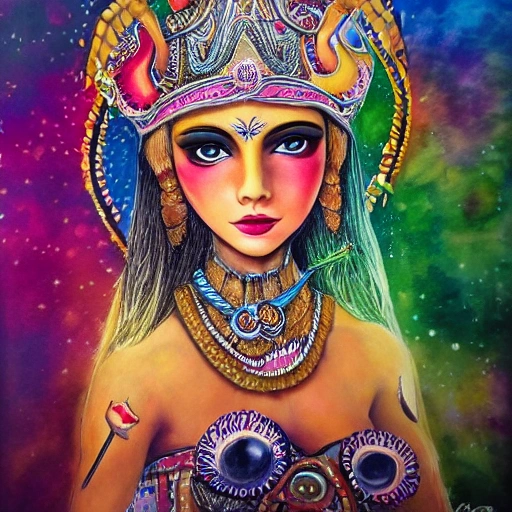 dream psychédélique about complet warrior hindou divinity girl beautifull face detailed with lot of fabric, making war in a fantasy world very detailed, art world psychédélique, war in color; deep color, 8k ultra,, 3D, Trippy, Water Color, Cartoon, Pencil Sketch