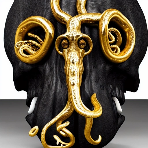 black whale skull with gold octopus tentacles coming out of mouth in style of Norwegian Artist Hedi Xandt, ultra realistic, 3d, cinema, statue, white background