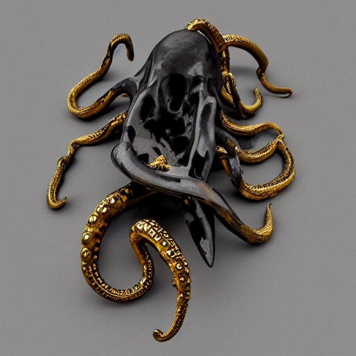 black whale bones with gold octopus tentacles in style of Norwegian Artist Hedi Xandt, ultra realistic, 3d, cinema, statue, white background