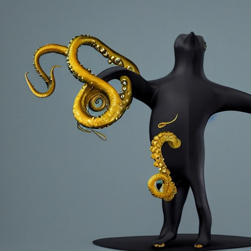 gigant  black whale with gold octopus tentacles in the body in style of Norwegian Artist Hedi Xandt, ultra realistic, 3d, cinema, statue, white background