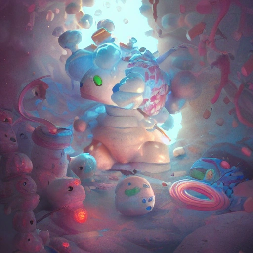 Award-winning, 4K digital painting in the style of Yoshitaka Amano. Detailed and intricate depiction of a marshmallow, masterfully capturing the chaos and drama of the scene. Beautiful lighting and cinematic composition make this piece a true masterpiece, trending on artstation