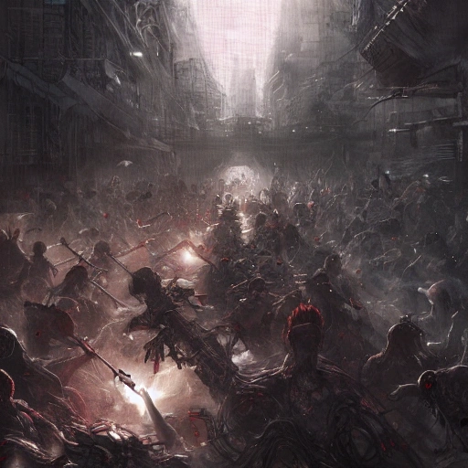 Award-winning, 4K digital painting in the style of Yoshitaka Amano. Detailed and intricate depiction of a zombie apocalypse, masterfully capturing the chaos and drama of the scene. Beautiful lighting and cinematic composition make this piece a true masterpiece, trending on artstation