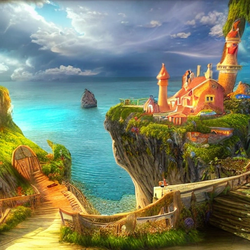The most enchanting, mystical island in the world, port town, photorealistic and surrounded by a deep blue sea. Fantasy, candy, Against a thunder and lightening sky, 3d render, colorful, highly detailed, insane resolution, 8k, illustration, ink, pixar, cel shaded, bright, future, insanely detailed and intricate, unreal engine, smooth, zoomed-out, hyperrealistic