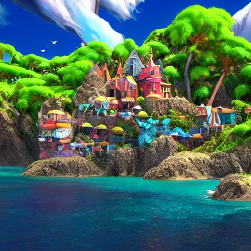 The most enchanting, mystical island in the world, port town, photorealistic and surrounded by a deep blue sea. Fantasy, candy, Against a thunder and lightening sky, 3d render, colorful, highly detailed, insane resolution, 8k, illustration, ink, pixar, cel shaded, bright, future, insanely detailed and intricate, unreal engine, smooth, zoomed-out, hyperrealistic