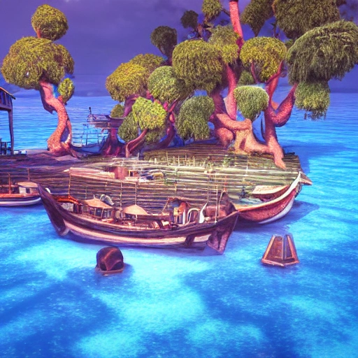 The most enchanting, mystical island in the world, docks, photorealistic and surrounded by a deep blue sea. Fantasy, candy, Against a thunder and lightening sky, 3d render, colorful, highly detailed, insane resolution, 8k, illustration, ink, pixar, cel shaded, bright, future, insanely detailed and intricate, unreal engine, smooth, zoomed-out, hyperrealistic