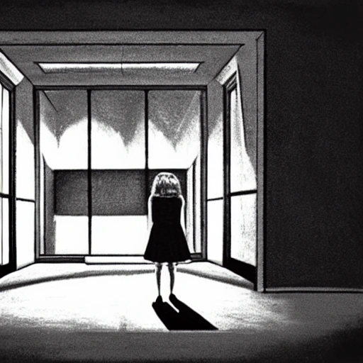 lone girl waiting inside a room, 7 0 s, stanley kubrick the shinning, american gothic, vibrant colors americana, cinematic, volumetric lighting, ultra wide angle view, realistic, detailed painting in the style of edward hopper and rene magritte , Pencil Sketch, Pencil Sketch, Pencil Sketch, 3D, 3D, Cartoon
