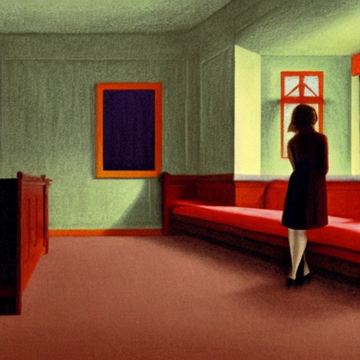 lone women waiting inside a room, 7 0 s, stanley kubrick the shinning, american gothic, vibrant colors americana, cinematic, volumetric lighting, ultra wide angle view, realistic, detailed painting in the style of edward hopper and rene magritte , Pencil Sketch, Pencil Sketch, Pencil Sketch, 3D, 3D, Cartoon