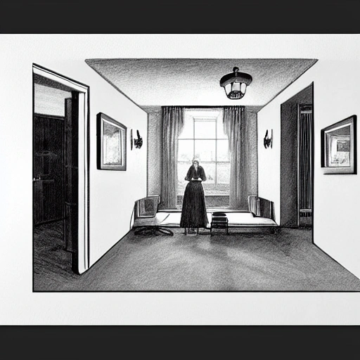 lone women waiting inside a room, 7 0 s, stanley kubrick the shinning, american gothic, vibrant colors americana, cinematic, volumetric lighting, ultra wide angle view, realistic, detailed painting in the style of edward hopper and rene magritte , Pencil Sketch, Pencil Sketch, Pencil Sketch, 3D, 3D, Cartoon