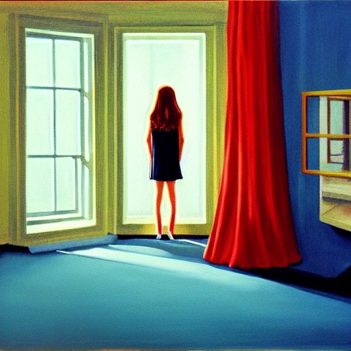 lone girl waiting inside a room, 7 0 s, stanley kubrick the shinning, american gothic, vibrant colors americana, cinematic, volumetric lighting, ultra wide angle view, realistic, detailed painting in the style of edward hopper and rene magritte , Oil Painting, 