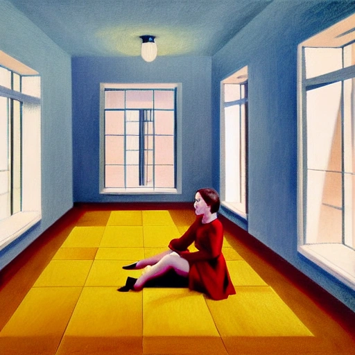 lone girl waiting inside a room, 7 0 s, stanley kubrick the shinning, american gothic, vibrant colors americana, cinematic, volumetric lighting, ultra wide angle view, realistic, detailed painting in the style of edward hopper and rene magritte , Pencil Sketch,Cartoon