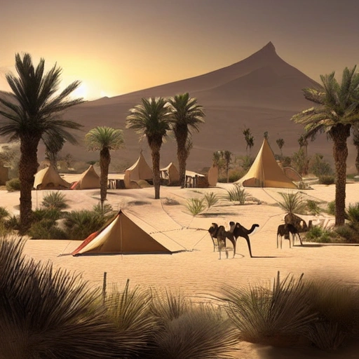 Eye level view of a Desert Oasis with several tents and some camels nearby at dusk while overcast, masterpiece, Ultra Detailed, Hyper-realistic, environment concept art by Assassin's Creed.