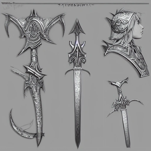 3D RPG Magic Sword, masterpiece, Ultra Detailed, Hyper-realistic, white background, character concept art by Viruspunk.