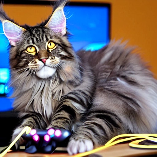 Maine coon playing videogames