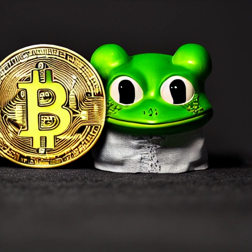  Cartoon, Pepe the Frog and Bitcoin logo, 150mm macro,
studio spotlight,
