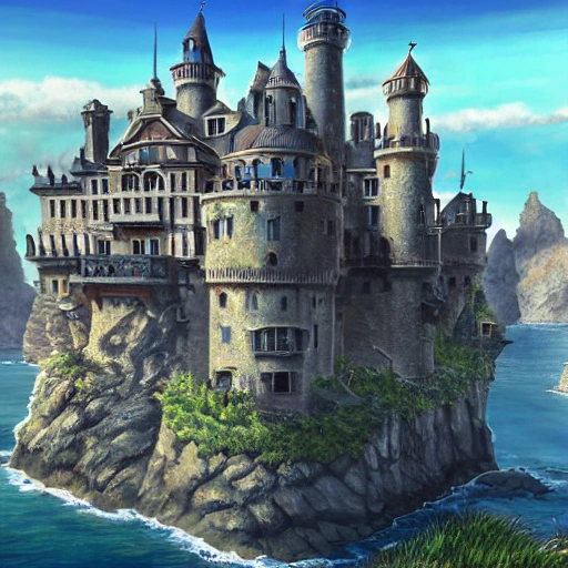 Eye level view of a Seaside Castle, European at noon while sunny, masterpiece, Ultra Detailed, Hyper-realistic, environment concept art by Final Fantasy.