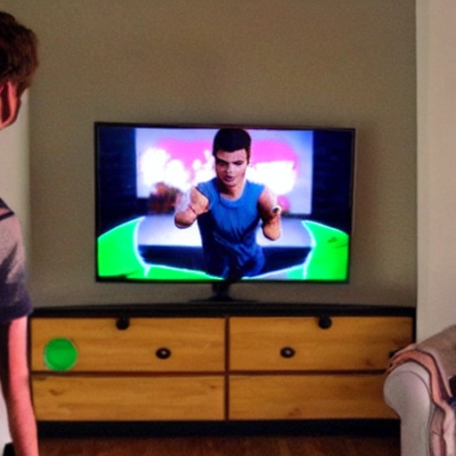 young man playing fitness video game in his living room tv in the style of zelda