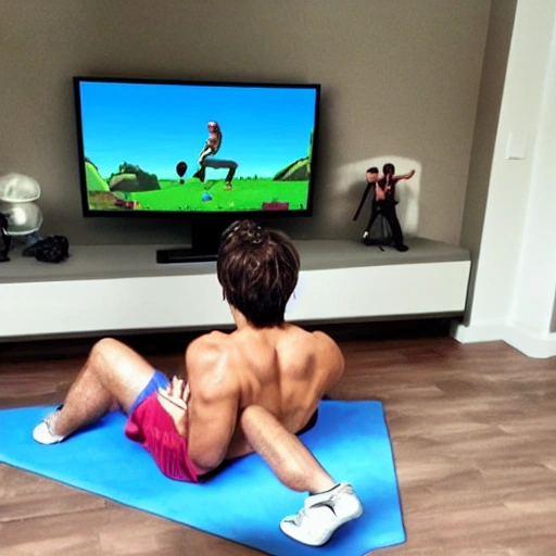 young man playing fitness video game in his living room tv in the style of zelda