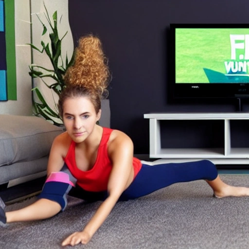 young woman playing fitness video game in his living room tv in the style of zelda