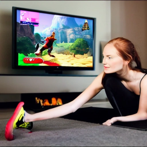 young woman playing fitness video game in his living room tv in the style of zelda