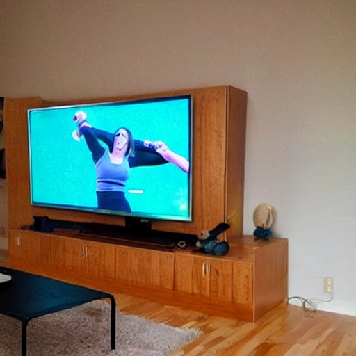 young woman playing fitness video game in his living room tv in the style of zelda