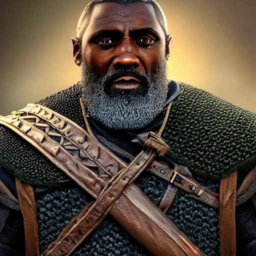 3D RPG full-body portrait of a 45-year-old bearded male Viking with greying dark hair who looks like Idris Elba, masterpiece, Ultra Detailed, Hyper-realistic, white background, character concept art by The Witcher.