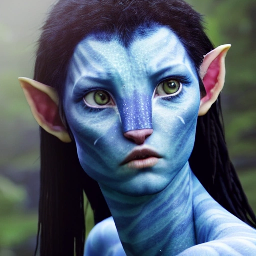 Avatar movie beautiful omataciya woman ,blue skin,black hair, cinematic shot, intricate, photorealistic, artstation, realistic, 100 mm, photography, octane, high definition, depth of field, bokeh, 8k,3DCG,remaster,dynamic