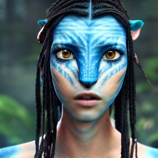 Avatar movie beautiful omataciya woman ,blue skin,black hair, cinematic shot, intricate, photorealistic, artstation, realistic, 100 mm, photography, octane, high definition, depth of field, bokeh, 8k,3DCG,remaster,mid journey,hyper realistic,black braids,full body 
