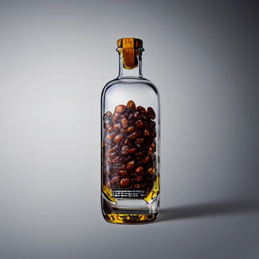 picture of an entire glass bottle with a luxurious spirits company, inspired by flower and raisins, biomimetism, reallistic, 4K, caustics, full frame, silky smooth backdrop