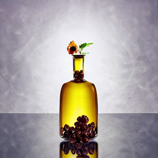 picture of an entire glass bottle with a luxurious spirits company, inspired by flower and raisins, biomimetism, reallistic, 4K, caustics, full frame, silky smooth backdrop, Oil Painting