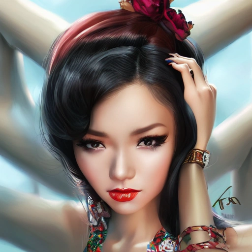 a pin up and beautiful fashion and charming and dreamlke asian girl with lv jewelry, medium shot, art by artgerm & ross tran & wlop, hyperdetailed, 8 k realistic, symmetrical, frostbite 3 engine, cryengine, dof, trending on artstation, digital art , Cartoon