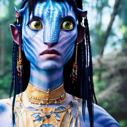 Avatar movie beautiful omataciya woman ,blue skin,black hair, cinematic shot, intricate, photorealistic, artstation, realistic, 100 mm, photography, octane, high definition, depth of field, bokeh, 8k