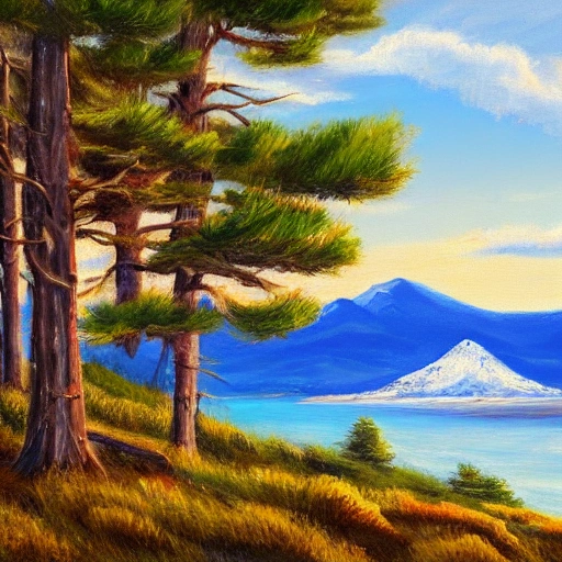 Painting of landscape, clear summer sky, two snowy mountain, a little village, view of ocean with pine trees, HDR, 4K,  Oil Painting