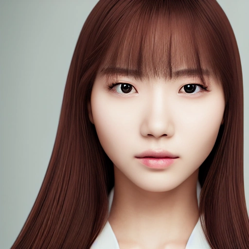 detailed, close up, face of beautiful korean girl with long straight hair, portrait, warm color palette, spotlight, Symmetrical face, rendered, 4k