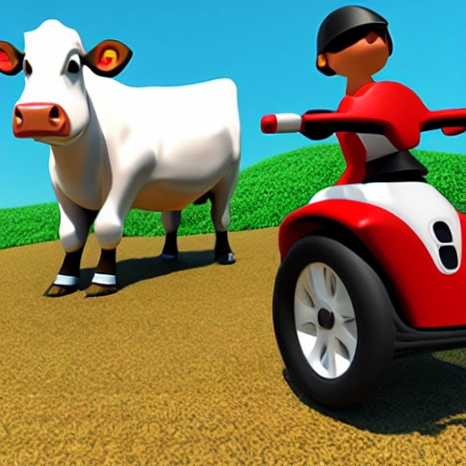 cow riding a scooter, Cartoon, 3D