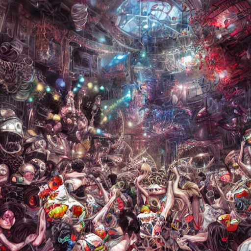 Award-winning, 4K digital painting in the style of Yoshitaka Amano. Detailed and intricate depiction of a heavy metal concert, masterfully capturing the chaos and drama of the scene. Beautiful lighting and cinematic composition make this piece a true masterpiece, trending on artstation, Trippy

