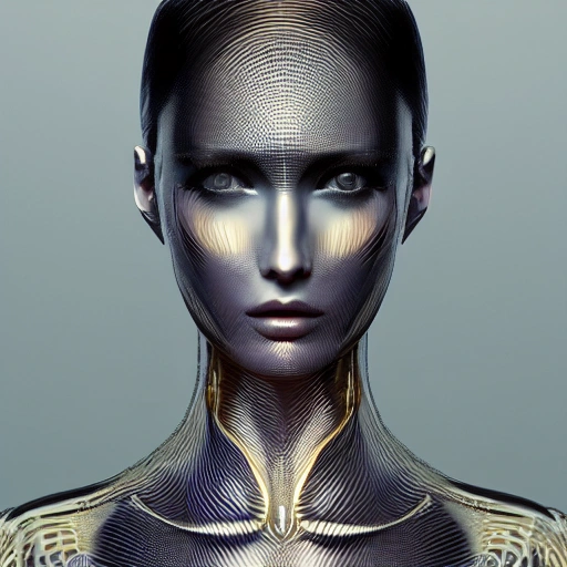 mdjrny-v4 style, symmetric, intricate, centred 3d render ultra detailed of a beautiful porcelain and gold profile portrait woman, 150 mm, beautiful studio soft light, rim light, vibrant details, luxurious antic, hyperrealistic, anatomical, facial muscles, blade runner atmosphere , elegant, octane render, H. R. Giger style, 8k