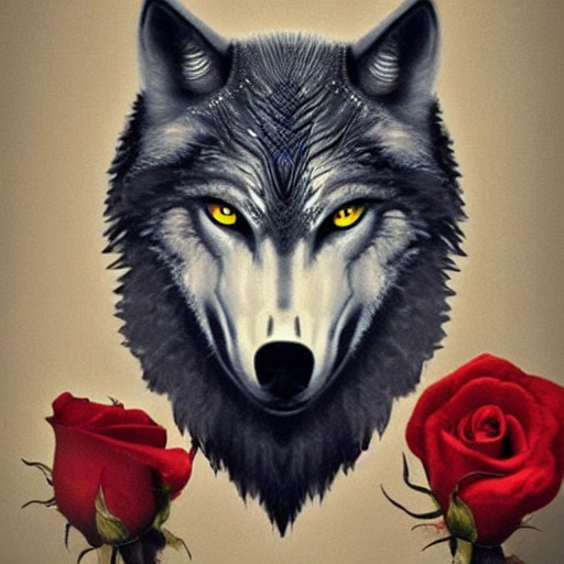 a wolf face seen from the front, realistic dark fantasy with roses, detailed