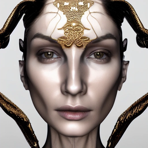 mdjrny-v4 style, symmetric, intricate, centred 3d render ultra detailed of a beautiful porcelain and gold profile portrait woman, sexy, beautiful studio soft light, rim light, vibrant details, luxurious antic, hyperrealistic, anatomical, facial muscles, blade runner atmosphere , elegant, octane render, H. R. Giger style, 8k