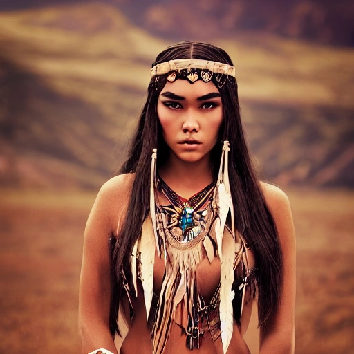 mdjrny-v4 style portrait photograph of Madison Beer as Pocahontas, young beautiful native american woman, perfect symmetrical face, feather jewelry, traditional handmade dress, armed female hunter warrior, (((wild west))) environment, Utah landscape, ultra realistic, concept art, elegant, ((intricate)), ((highly detailed)), depth of field, ((professionally color graded)), 8k, art by artgerm and greg rutkowski and alphonse mucha