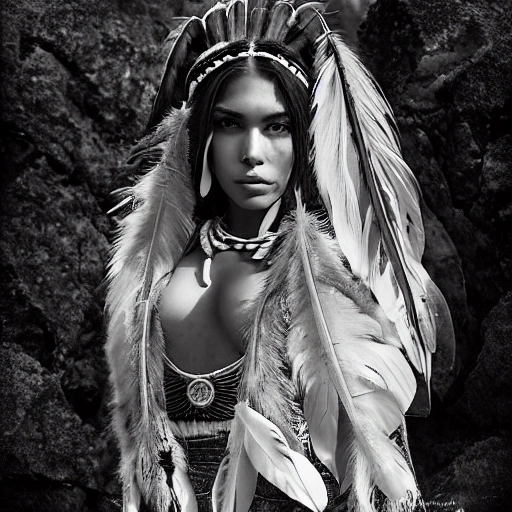portrait photograph of Madison Beer as Pocahontas, young beautiful native american woman, sexy, perfect symmetrical face, feather jewelry, traditional handmade dress, armed female hunter warrior, (((wild west))) environment, Utah landscape, ultra realistic, concept art, elegant, ((intricate)), ((highly detailed)), depth of field, ((professionally color graded)), 8k, art by artgerm and greg rutkowski and alphonse mucha