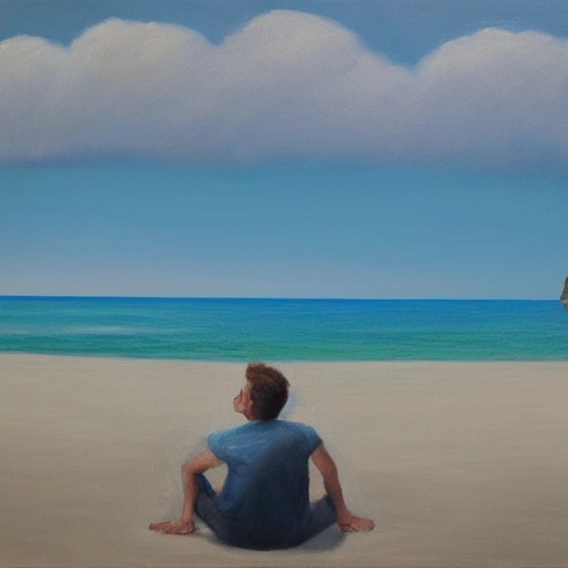 Portrait of a young male sitting alone in the middle of a beach wandering his thought to the sky, oil painting, detailed, 4k