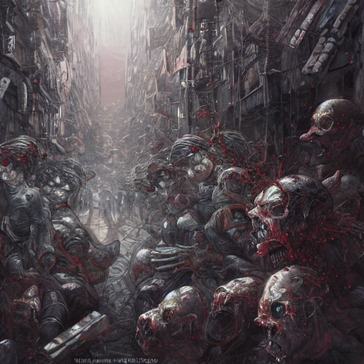 Award-winning, 4K digital painting in the style of Yoshitaka Amano. Detailed and intricate depiction of a zombie apocalypse, masterfully capturing the chaos and drama of the scene. Beautiful lighting and cinematic composition make this piece a true masterpiece, trending on artstation

, Oil Painting