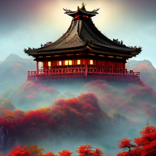 A large glowing Chinese temple, daybreak morning lighting, amazing cinematic concept painting,  by Jessica Rossier, Gleaming White, overlooking a valley, Himeji Rivendell Garden of Eden, autumn maples, wildflowers and grasses, terraced orchards and ponds, lush fertile fecund, fruit trees, by Brian Froud by Beksinski